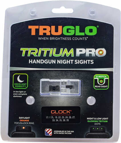 Truglo Tritium Pro Night Sights for Glock Mos 17/19/22/23/24/26/27/33/34/35/38/39 Green W/Orange Outline Front